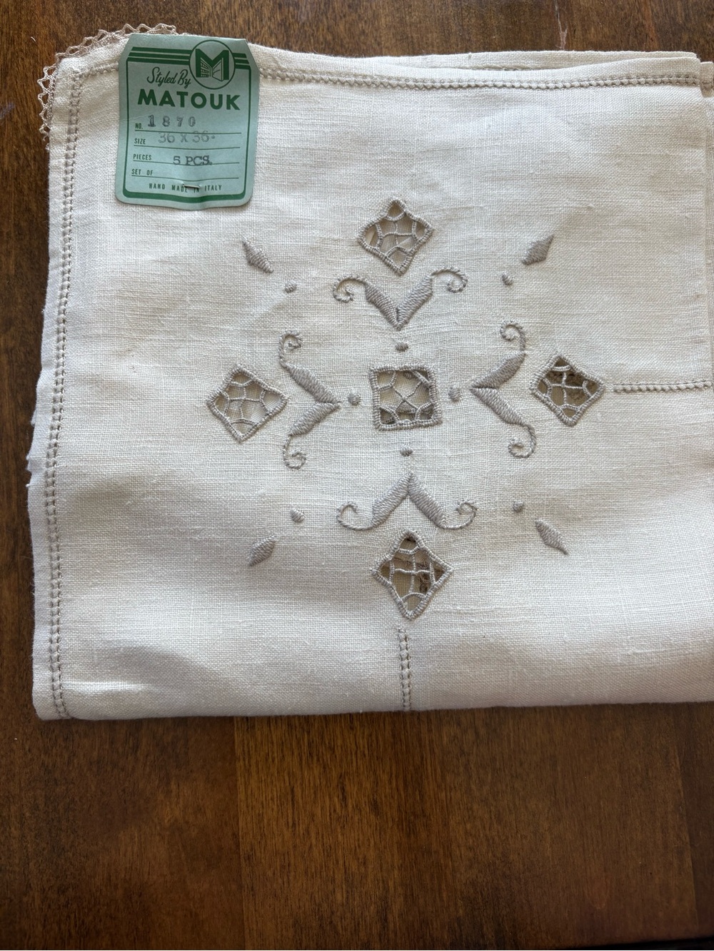 Matouk Cream Cutwork Embroidered Linen and Napkins - Set of 5
